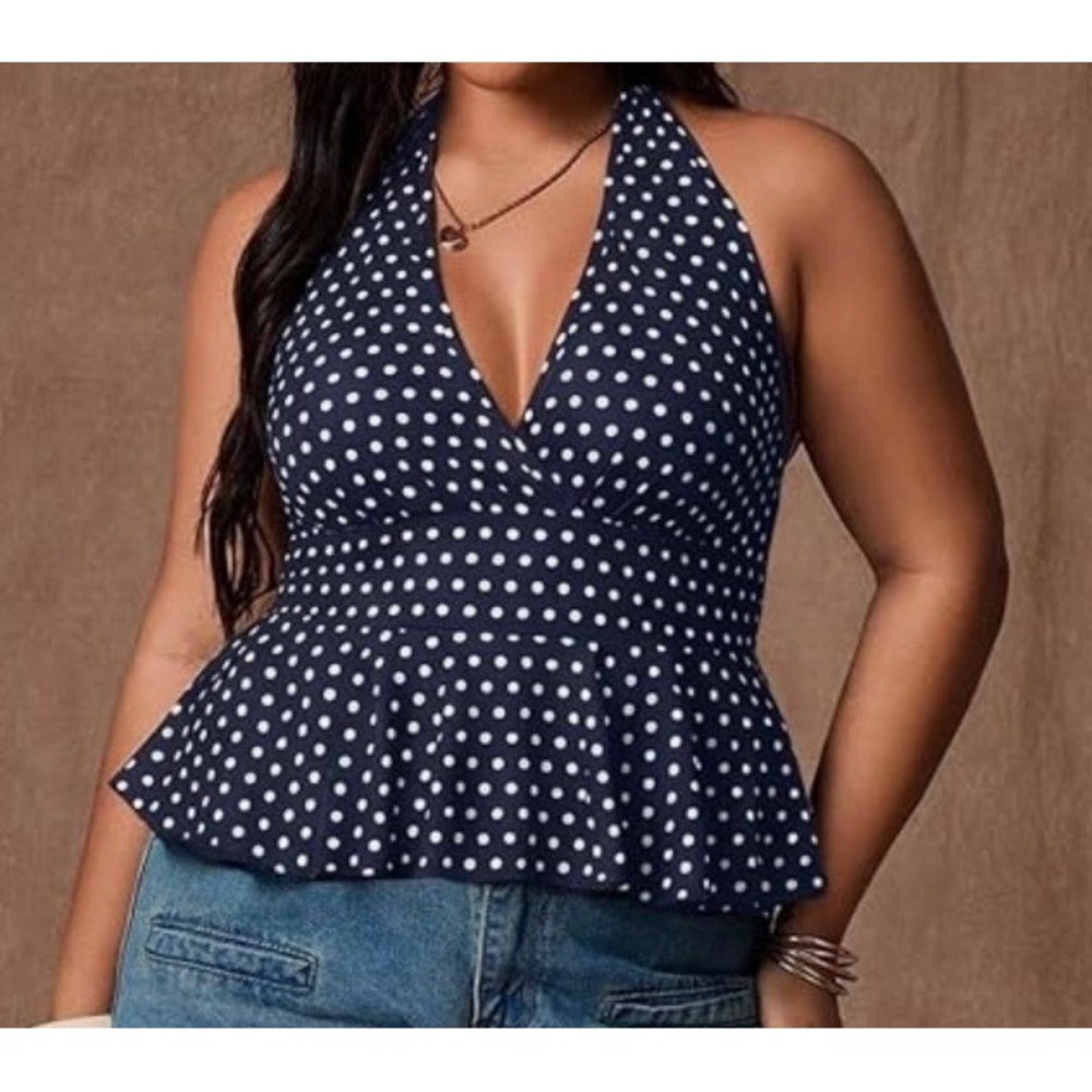 Milumia Navy Polka Dot Halter Peplum Top V-Neck Sleeveless Blouse XXL NEW